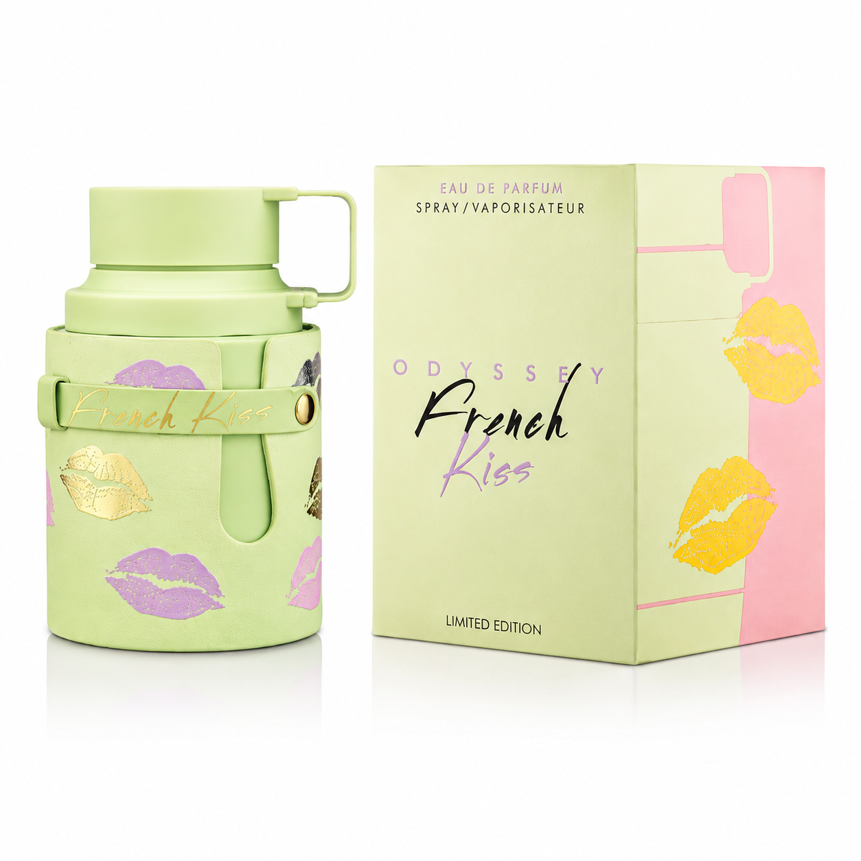 Odyssey French Kiss Limited Edition Eau de Parfum — sage green bottle with colorful kiss prints and matching box