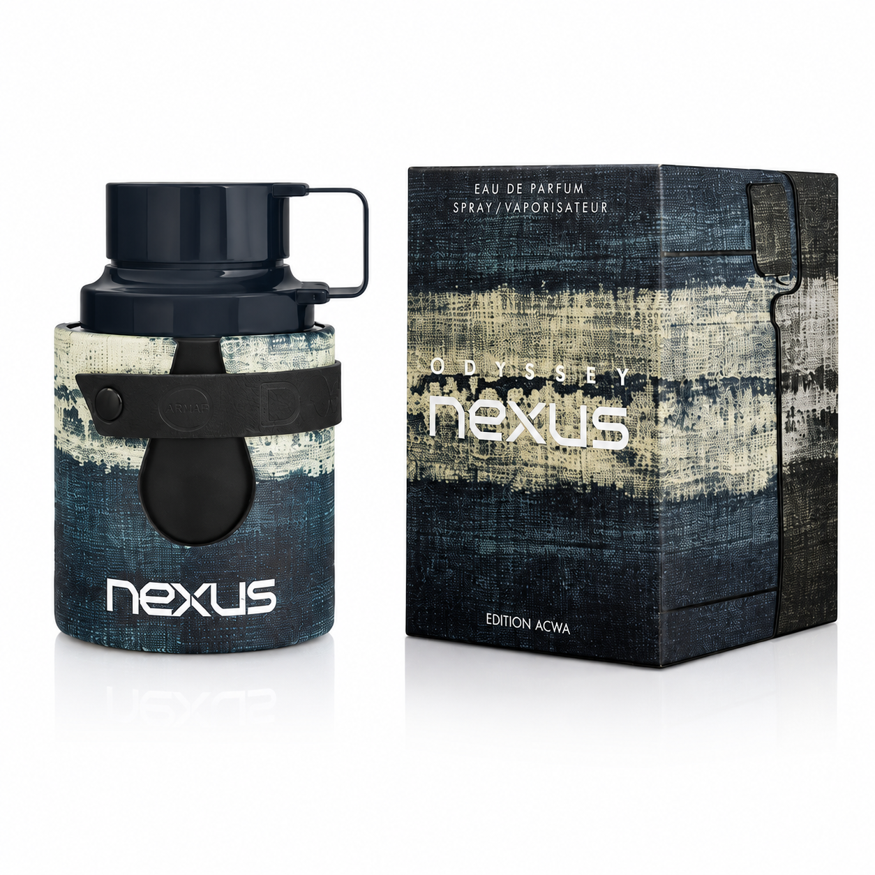 Odyssey Nexus Edition Acwa Eau de Parfum — dark denim-textured bottle with black strap and matching box