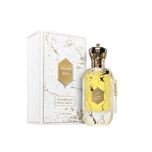Armaf Éter Desert Breeze Eau de Parfum — frasco y caja de lujo en blanco mármol con detalles dorados